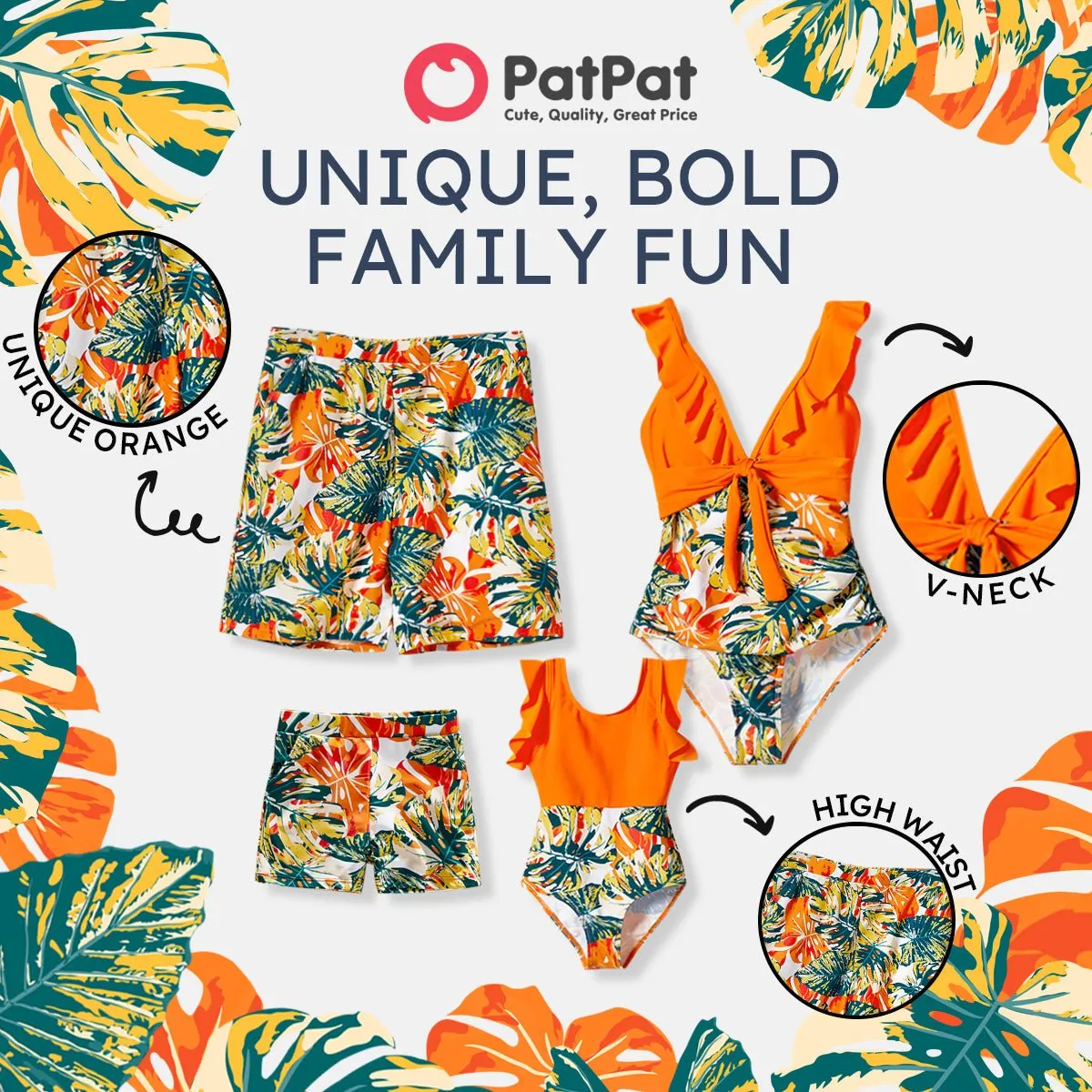 Family Matching Orange and All Over Tropical Plant Print Splicing Ruffle One-Piece Swimsuit and Swim Trunks Shorts