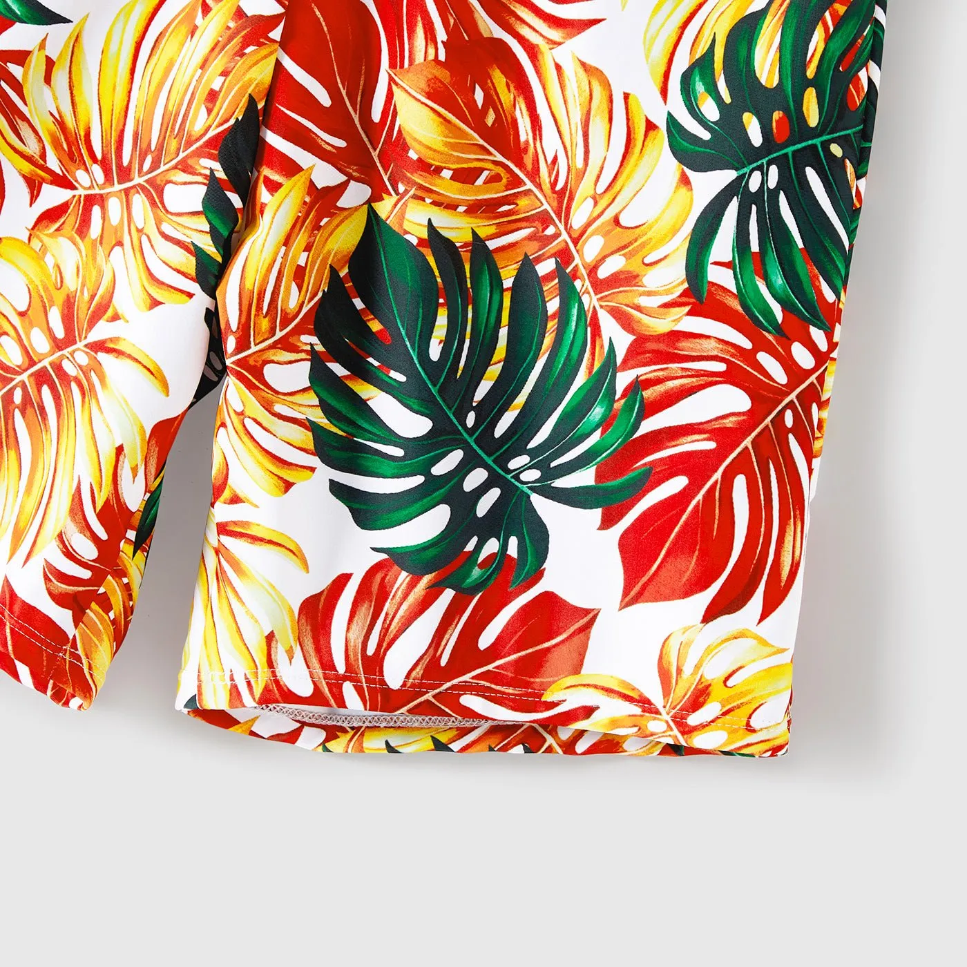 Family Matching Orange and All Over Tropical Plant Print Splicing Ruffle One-Piece Swimsuit and Swim Trunks Shorts