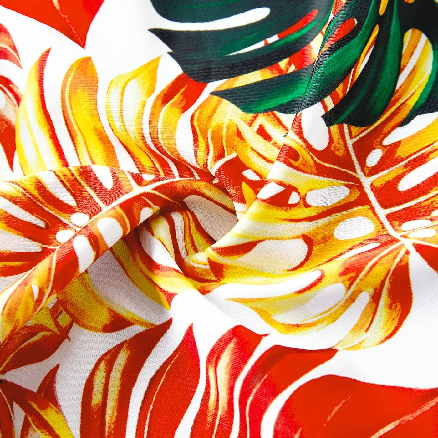 Family Matching Orange and All Over Tropical Plant Print Splicing Ruffle One-Piece Swimsuit and Swim Trunks Shorts