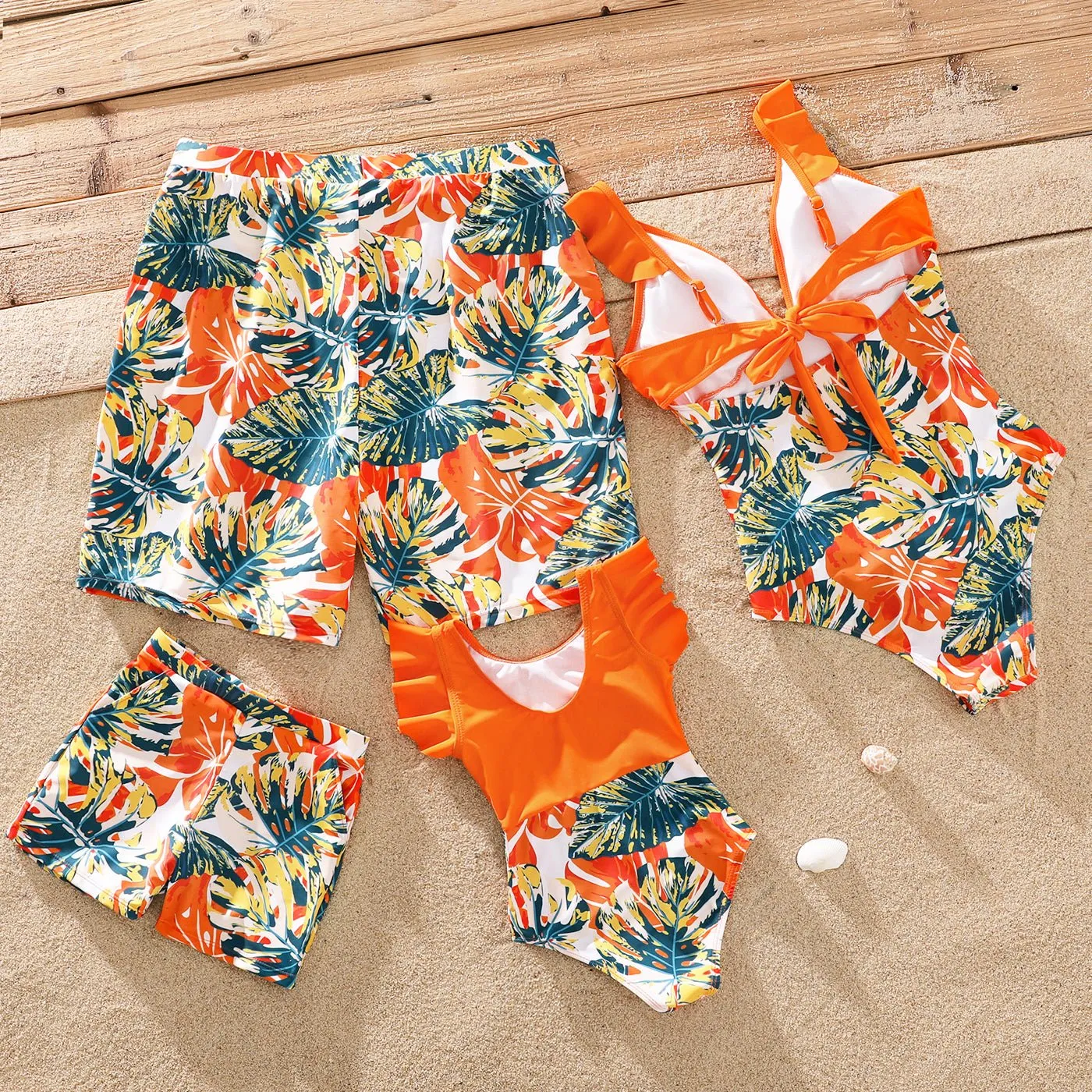 Family Matching Orange and All Over Tropical Plant Print Splicing Ruffle One-Piece Swimsuit and Swim Trunks Shorts