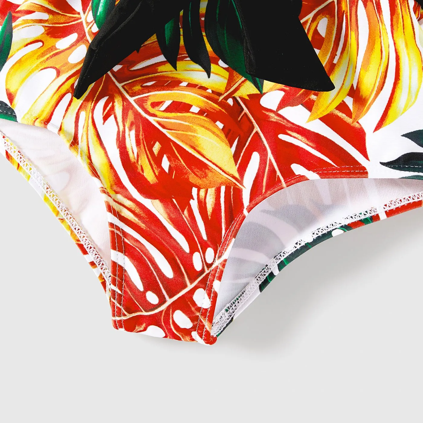 Family Matching Orange and All Over Tropical Plant Print Splicing Ruffle One-Piece Swimsuit and Swim Trunks Shorts