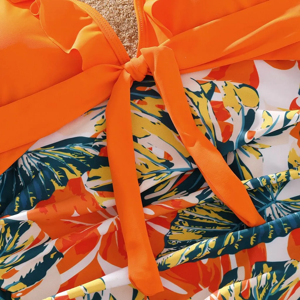 Family Matching Orange and All Over Tropical Plant Print Splicing Ruffle One-Piece Swimsuit and Swim Trunks Shorts