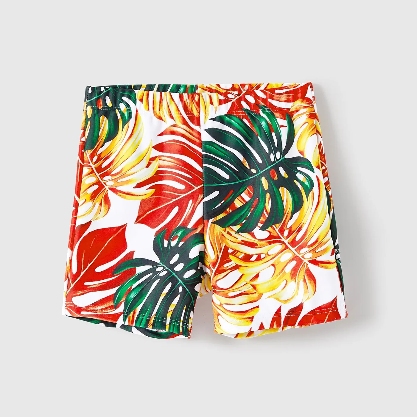 Family Matching Orange and All Over Tropical Plant Print Splicing Ruffle One-Piece Swimsuit and Swim Trunks Shorts