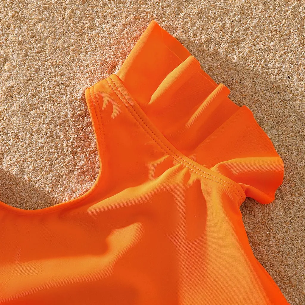 Family Matching Orange and All Over Tropical Plant Print Splicing Ruffle One-Piece Swimsuit and Swim Trunks Shorts