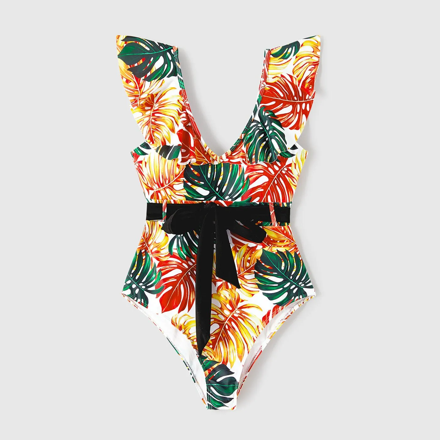 Family Matching Orange and All Over Tropical Plant Print Splicing Ruffle One-Piece Swimsuit and Swim Trunks Shorts