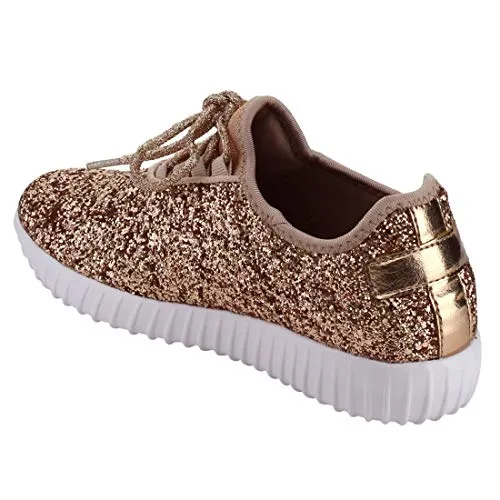 Forever Link Women's REMY-18 Glitter Fashion Lace Up Low Top Sneakers Rosegold