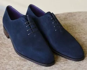 Handmade Men's Navy Blue Suede Shoes, Men Derby Lace Up Dress Formal Shoes
