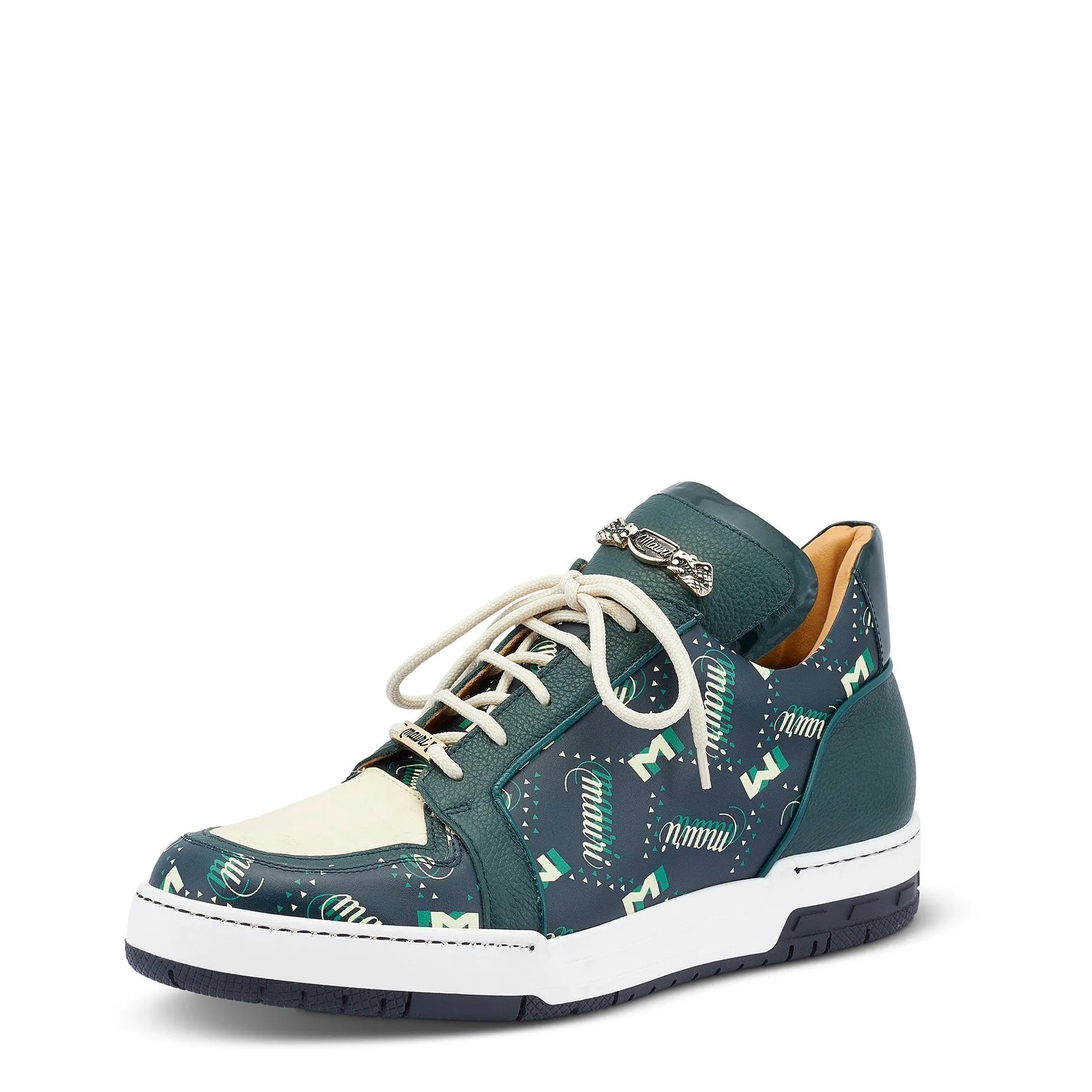 Mauri 8440 Crown Men's Shoes Hunter Green & Cream Exotic Crocodile / Nappa / Patent Leather Casual Sneakers (MA5450)