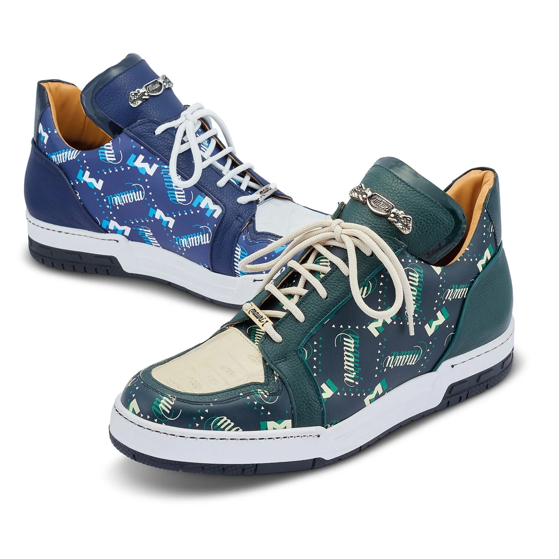 Mauri 8440 Crown Men's Shoes Hunter Green & Cream Exotic Crocodile / Nappa / Patent Leather Casual Sneakers (MA5450)