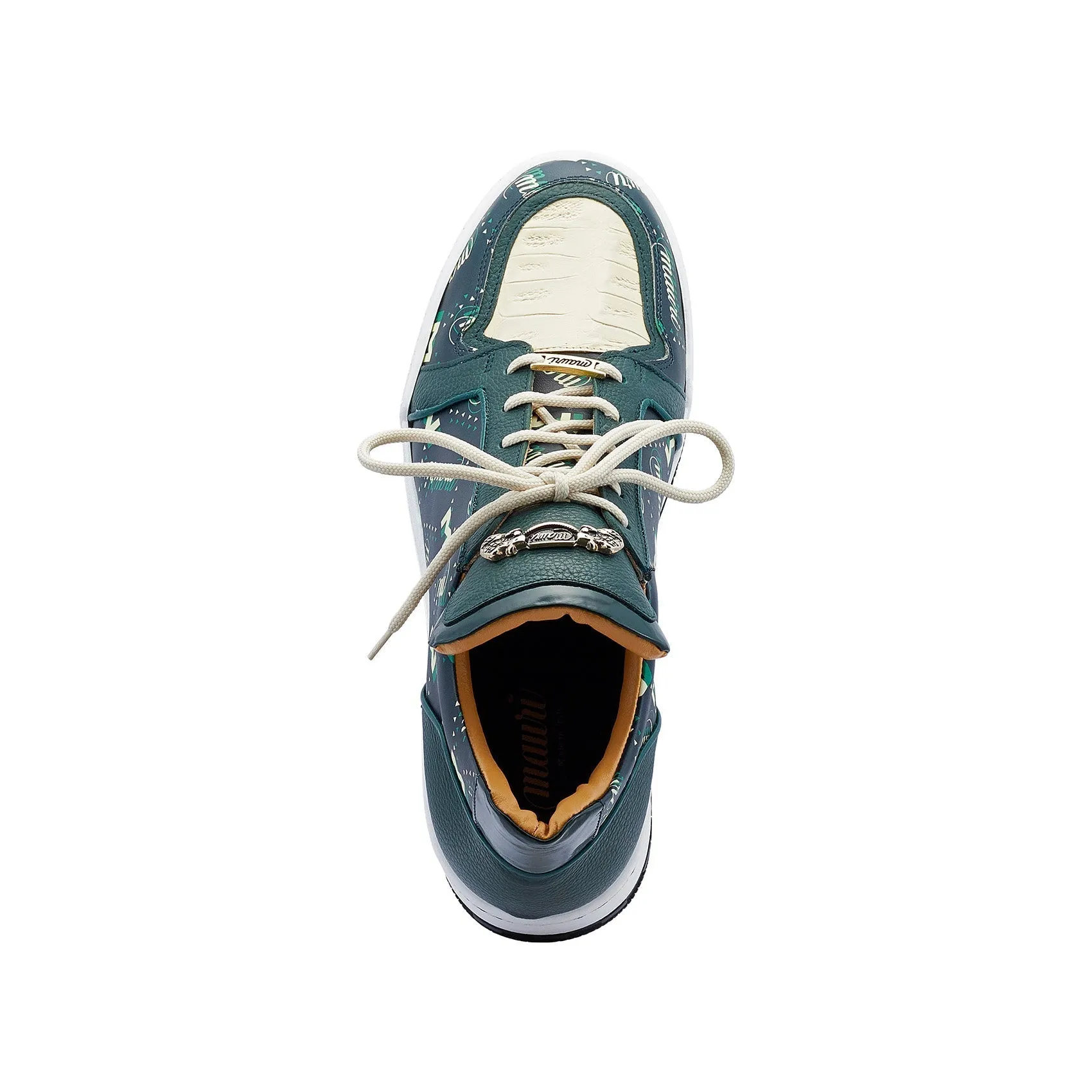 Mauri 8440 Crown Men's Shoes Hunter Green & Cream Exotic Crocodile / Nappa / Patent Leather Casual Sneakers (MA5450)