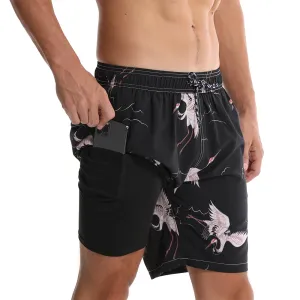 Men's Casual Crane Print Quick Dry Beach Trunks Swimming Trunks