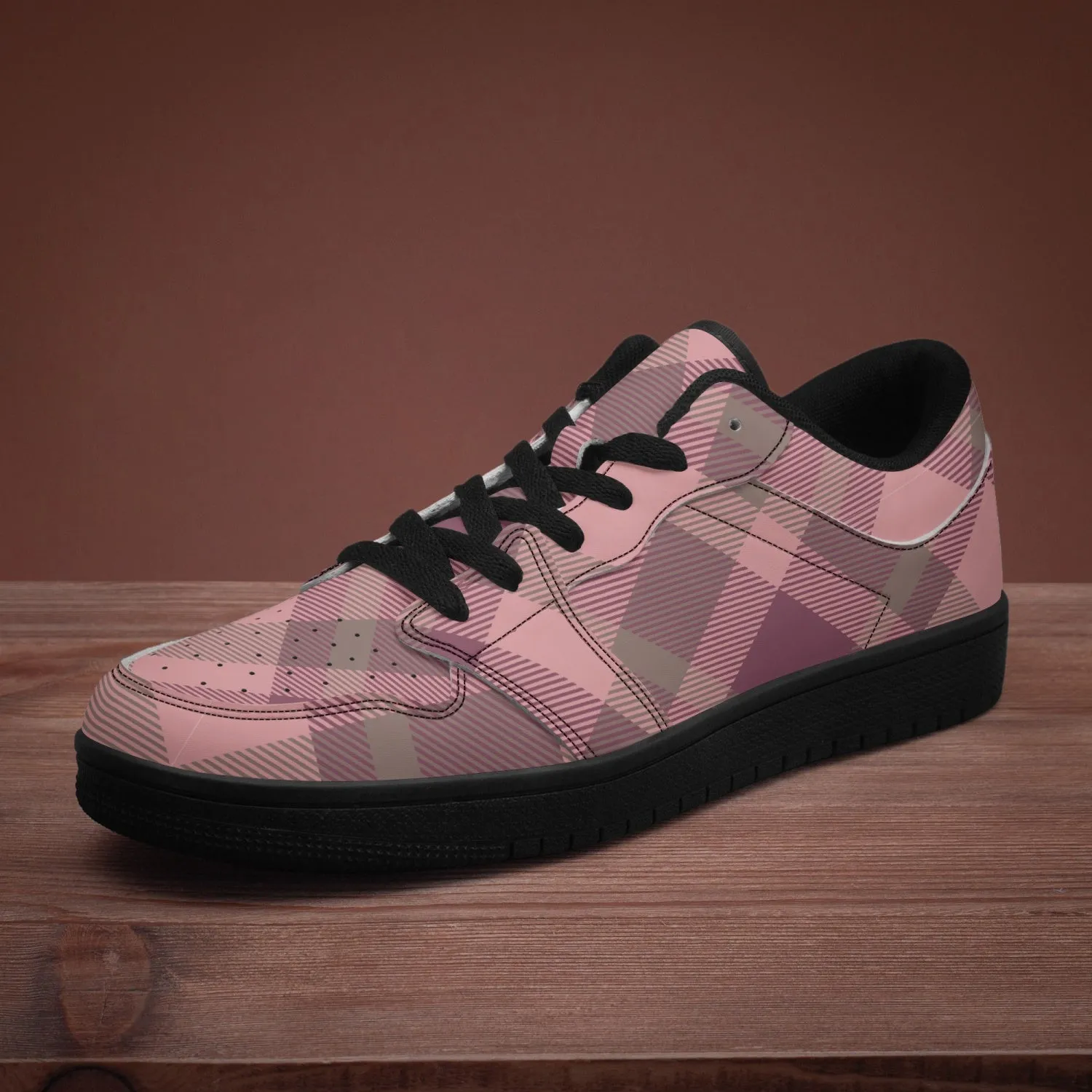 Pink Plaid Low-Top Leather Sneakers