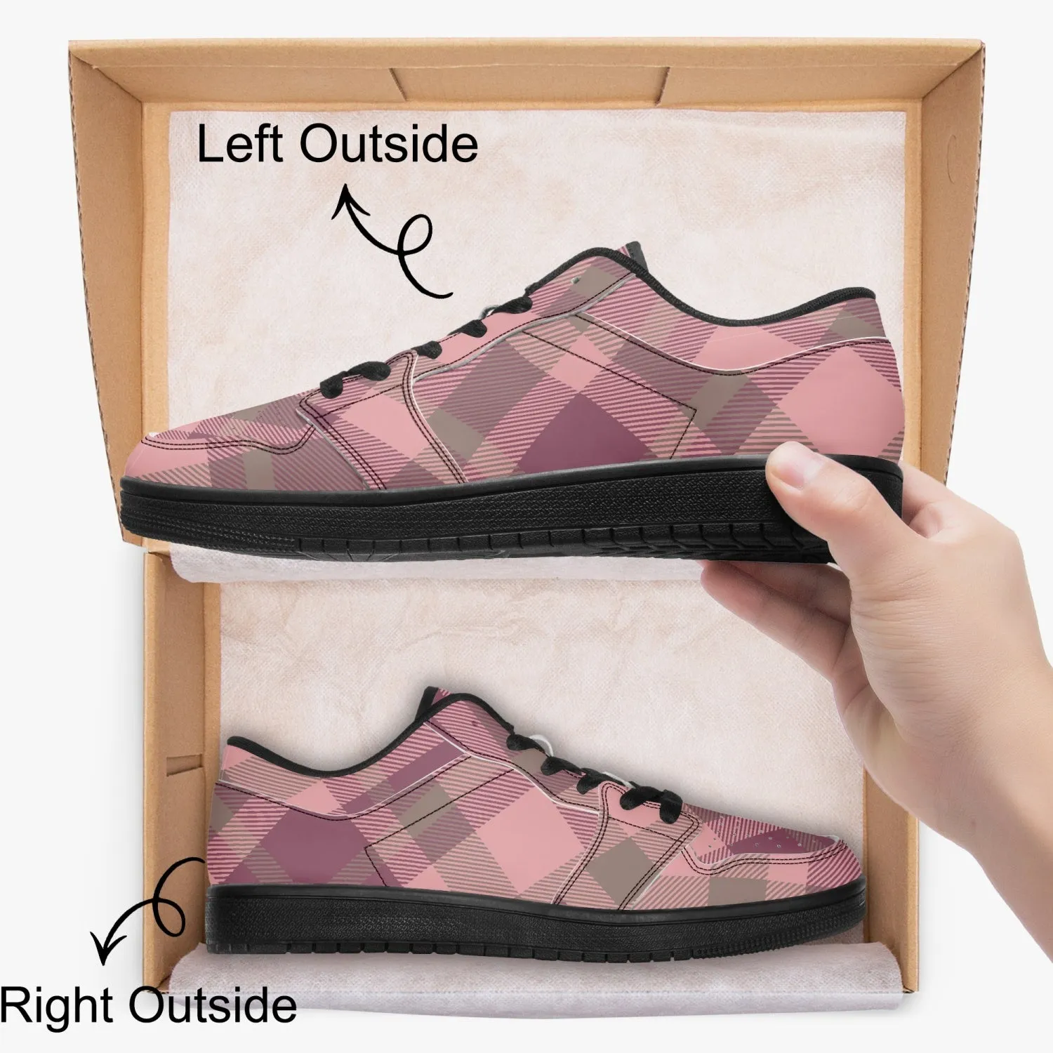 Pink Plaid Low-Top Leather Sneakers