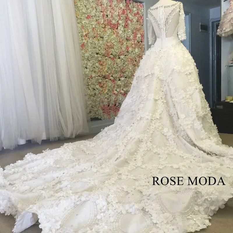 Rosemoda Luxury Heavy Beadwork Wedding Dress With Three Quarter Sleeve
