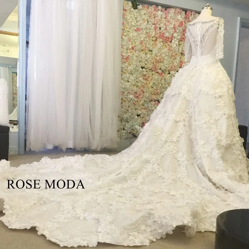 Rosemoda Luxury Heavy Beadwork Wedding Dress With Three Quarter Sleeve