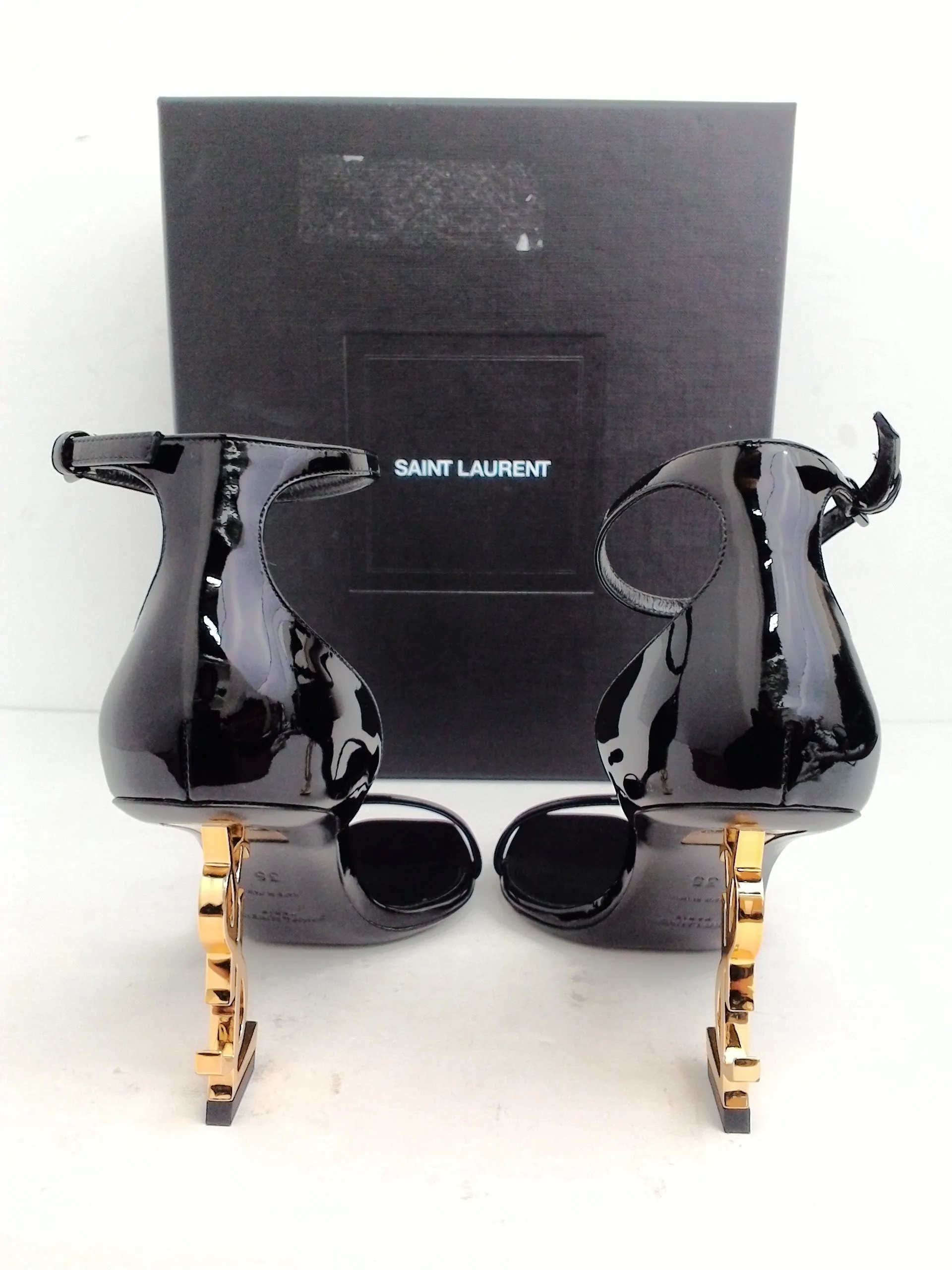 Saint Laurent Women's Vernice Chiffon Gold Black Sandal Size 35