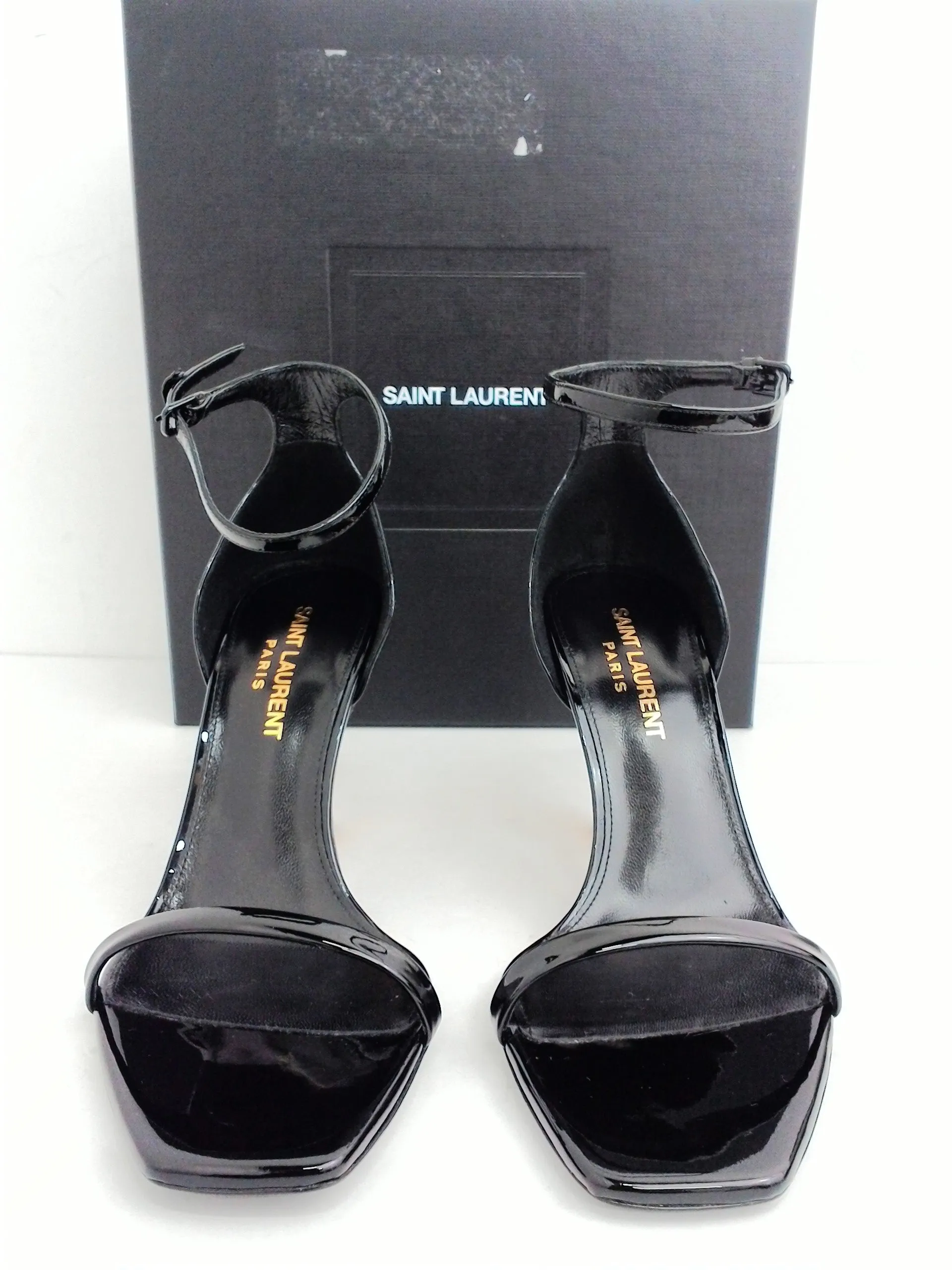 Saint Laurent Women's Vernice Chiffon Gold Black Sandal Size 35
