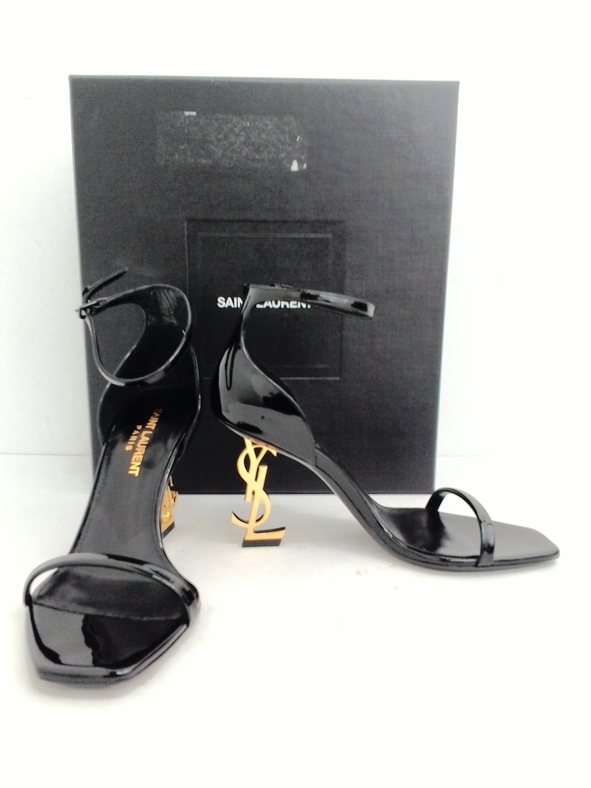 Saint Laurent Women's Vernice Chiffon Gold Black Sandal Size 35