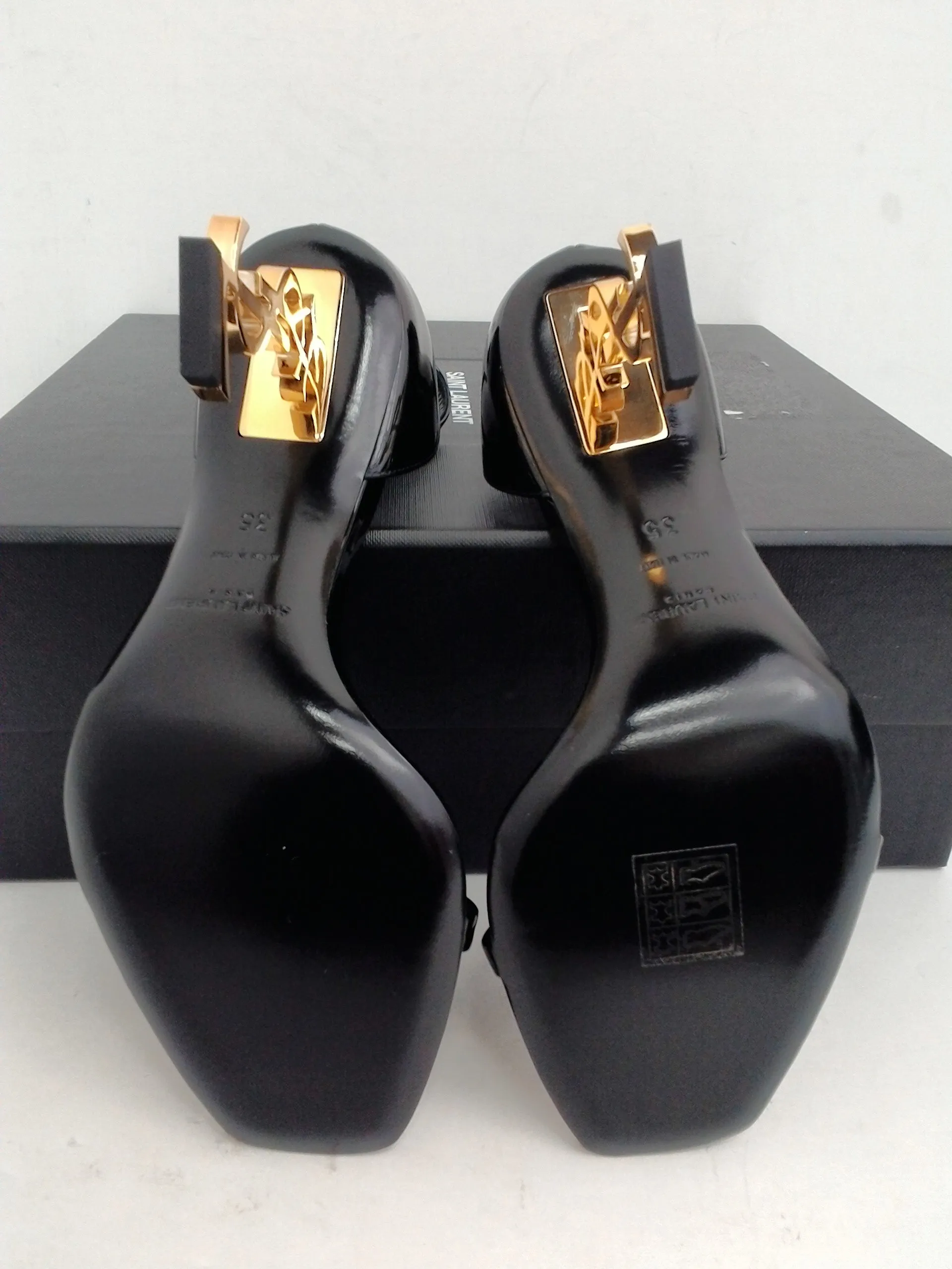 Saint Laurent Women's Vernice Chiffon Gold Black Sandal Size 35