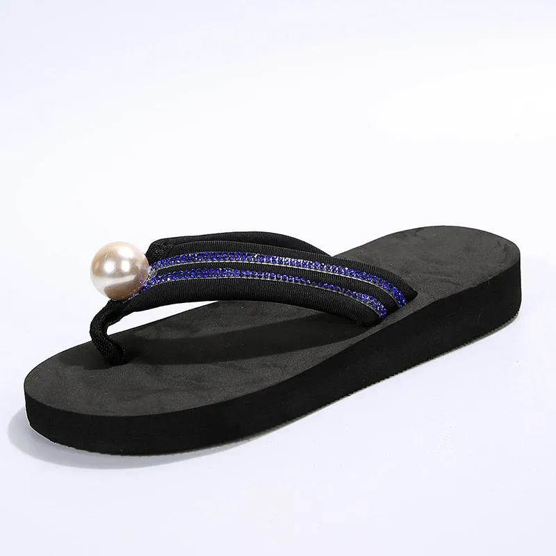 Shiny Crystal Pearl Wedges Flip Flops Women Summer 2023 Plus Size 42 Lightweight Outdoor Slippers Woman Slides Platform Sandals