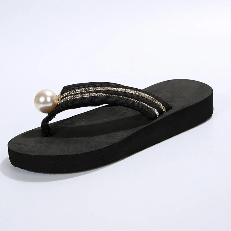 Shiny Crystal Pearl Wedges Flip Flops Women Summer 2023 Plus Size 42 Lightweight Outdoor Slippers Woman Slides Platform Sandals