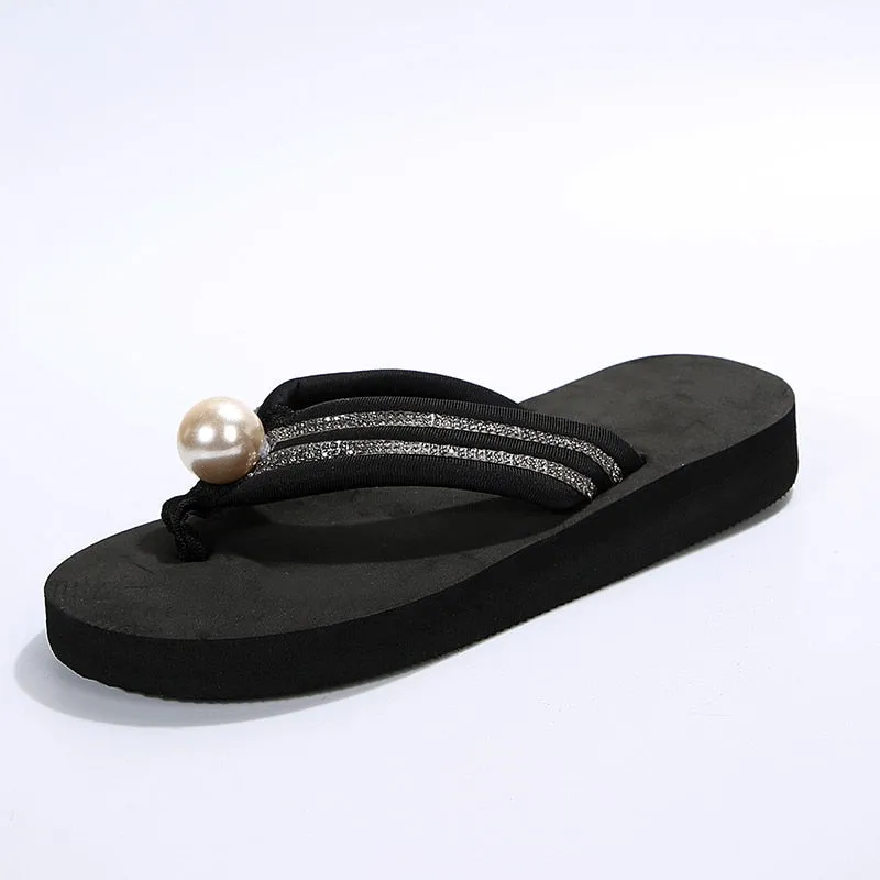 Shiny Crystal Pearl Wedges Flip Flops Women Summer 2023 Plus Size 42 Lightweight Outdoor Slippers Woman Slides Platform Sandals