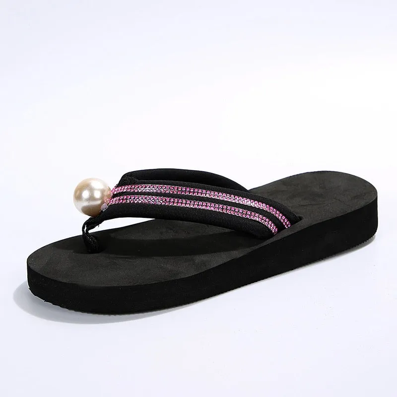 Shiny Crystal Pearl Wedges Flip Flops Women Summer 2023 Plus Size 42 Lightweight Outdoor Slippers Woman Slides Platform Sandals