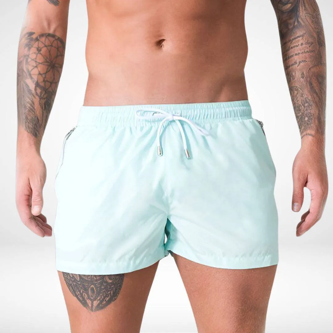 Short Solid Color Swim Trunks   Zipper Pockets
