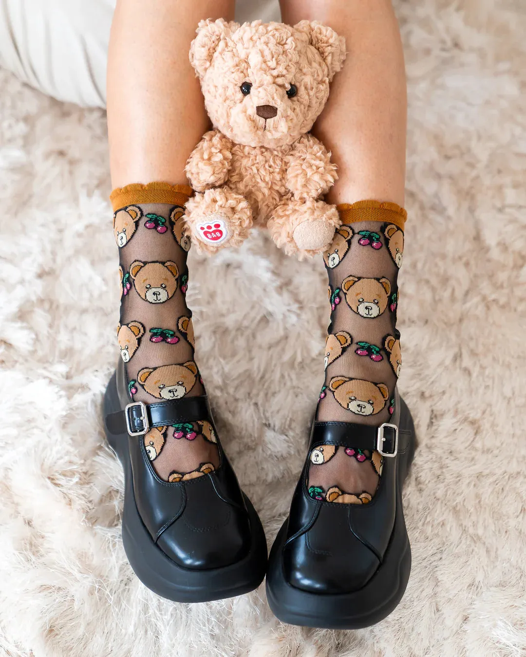 Sock Candy Teddy Bear Ruffle Black Sheer Crew Sock