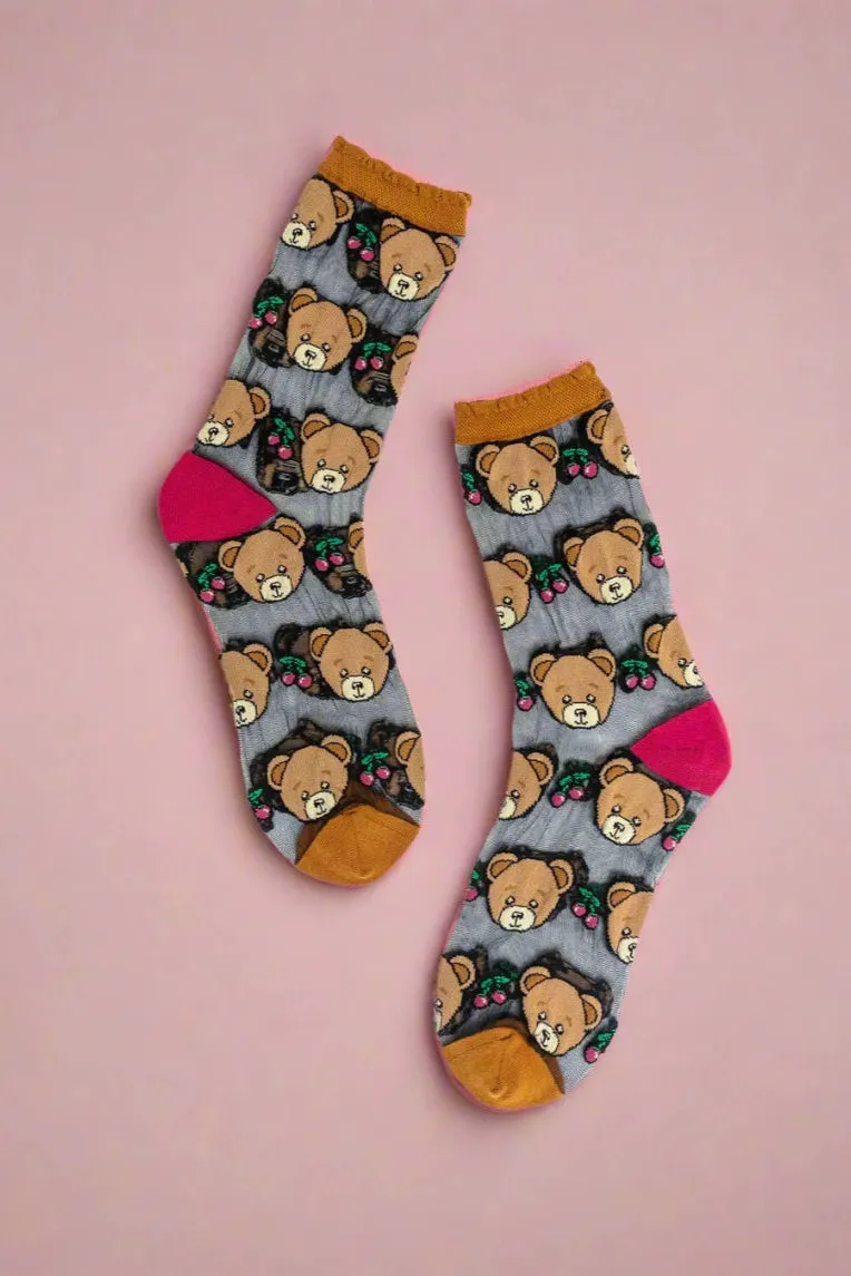 Sock Candy Teddy Bear Ruffle Black Sheer Crew Sock