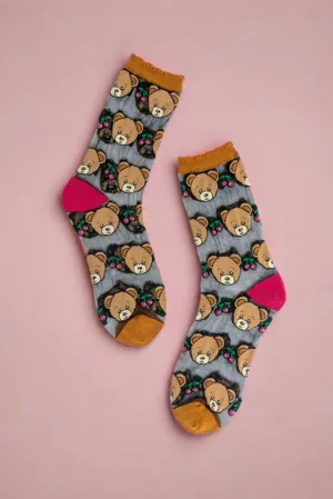 Sock Candy Teddy Bear Ruffle Black Sheer Crew Sock