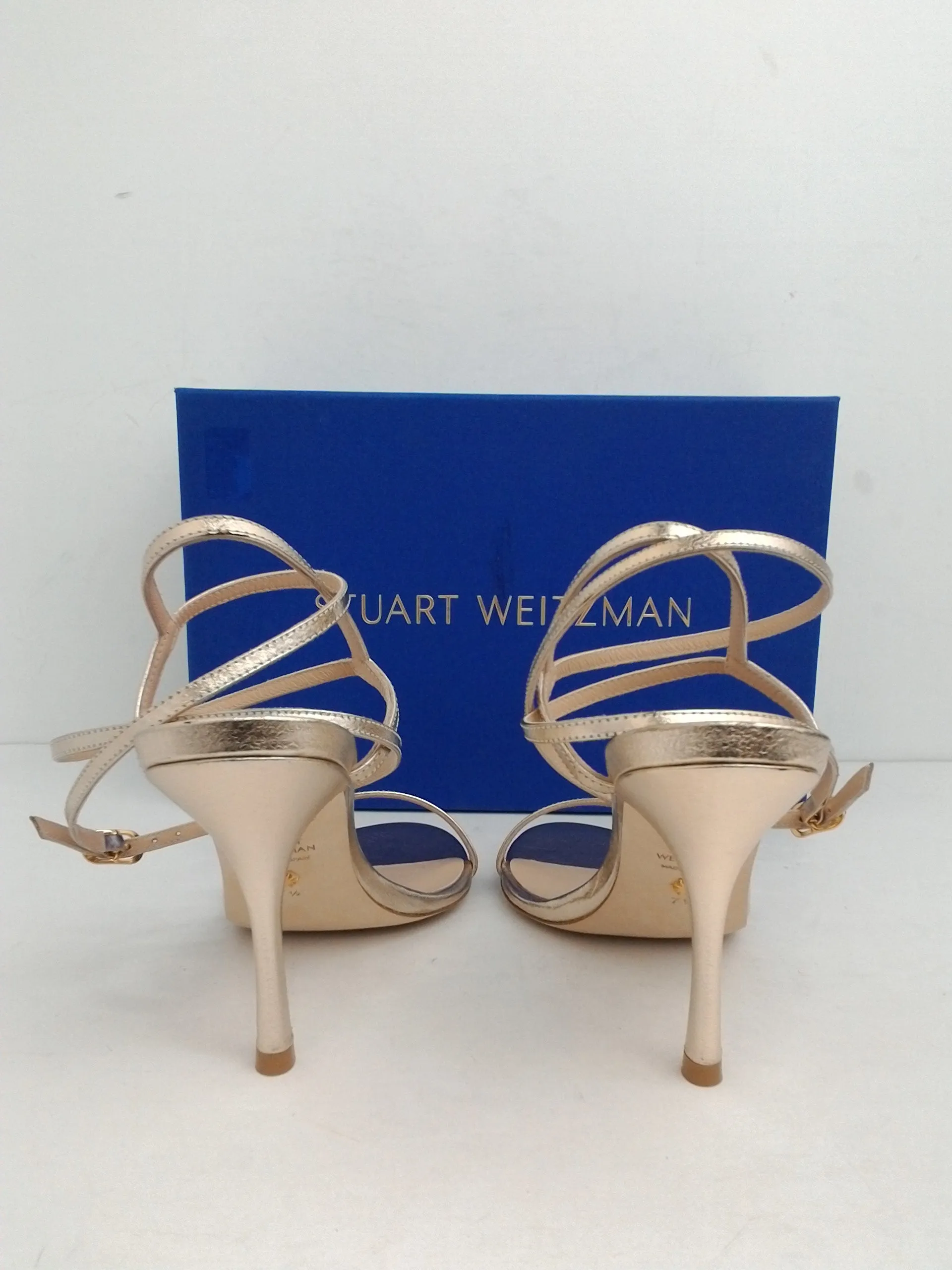 Stuart Weitzman Women's Merida Palaa Pale Gold Leather Heeled Sandal Size 7.5 M