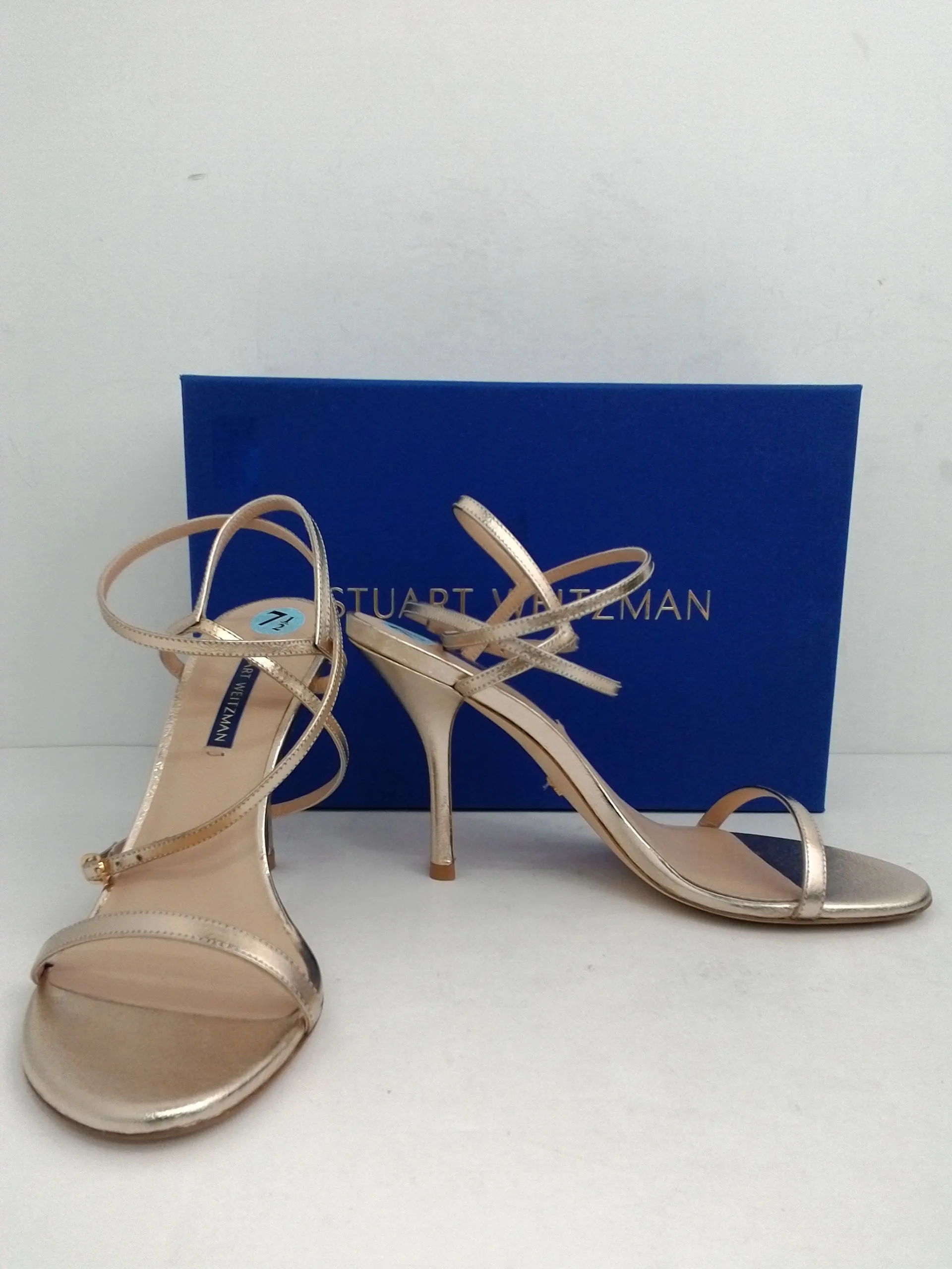 Stuart Weitzman Women's Merida Palaa Pale Gold Leather Heeled Sandal Size 7.5 M