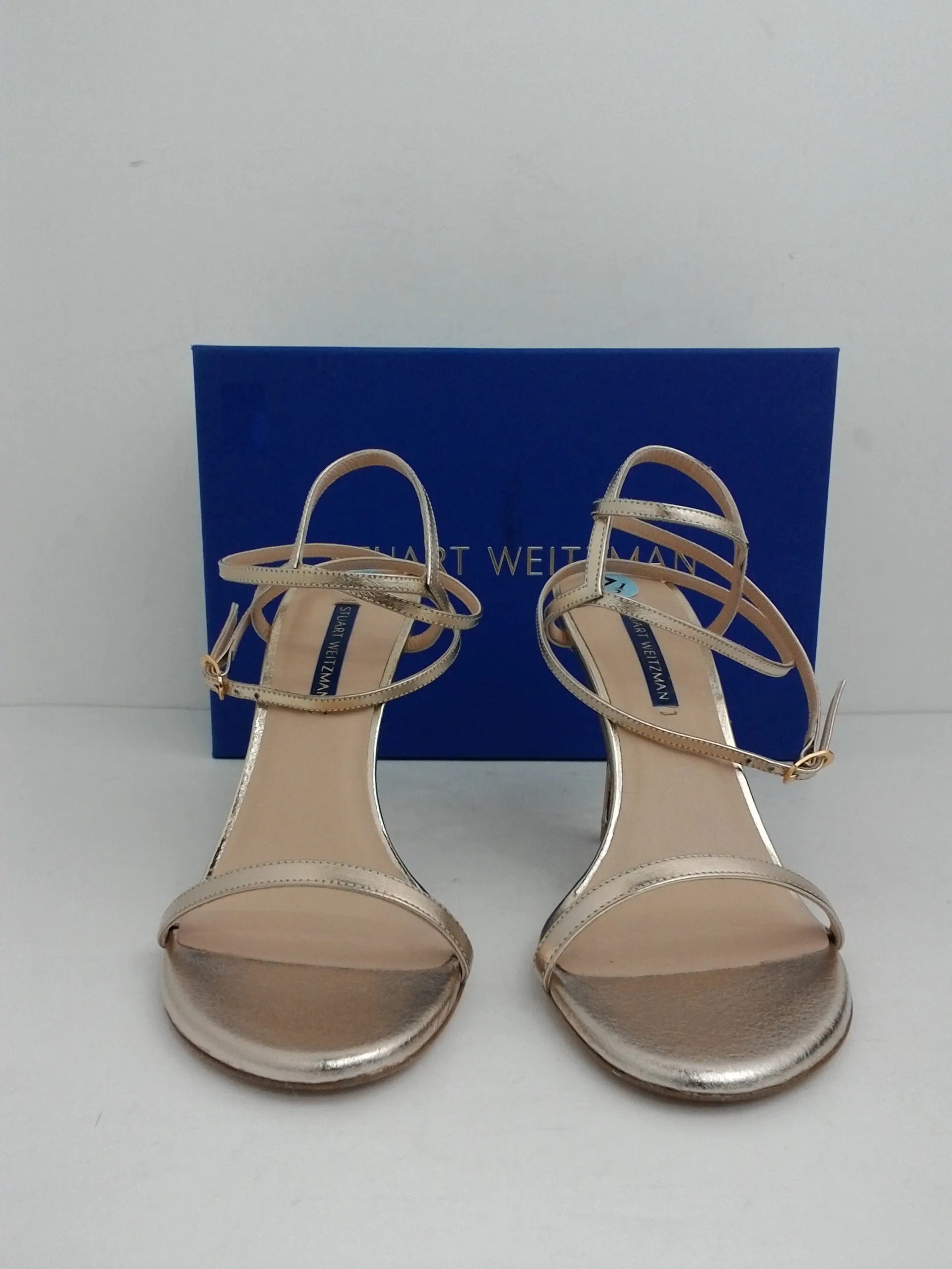 Stuart Weitzman Women's Merida Palaa Pale Gold Leather Heeled Sandal Size 7.5 M