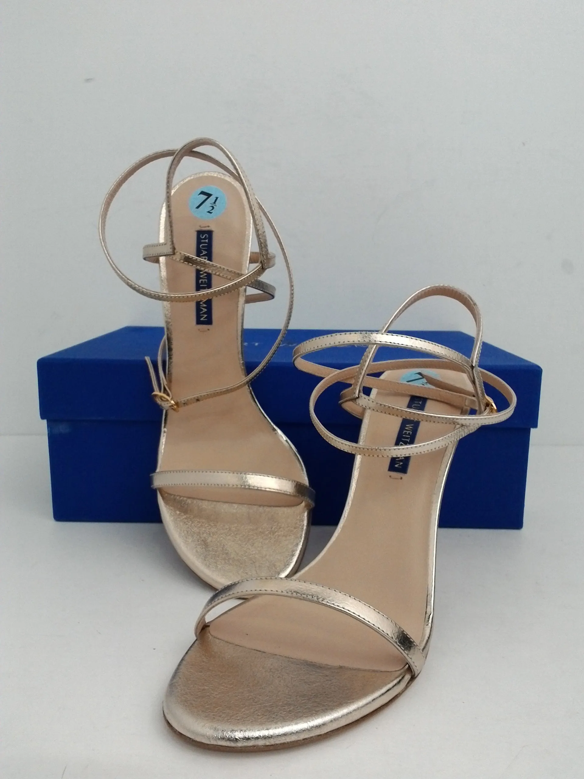 Stuart Weitzman Women's Merida Palaa Pale Gold Leather Heeled Sandal Size 7.5 M