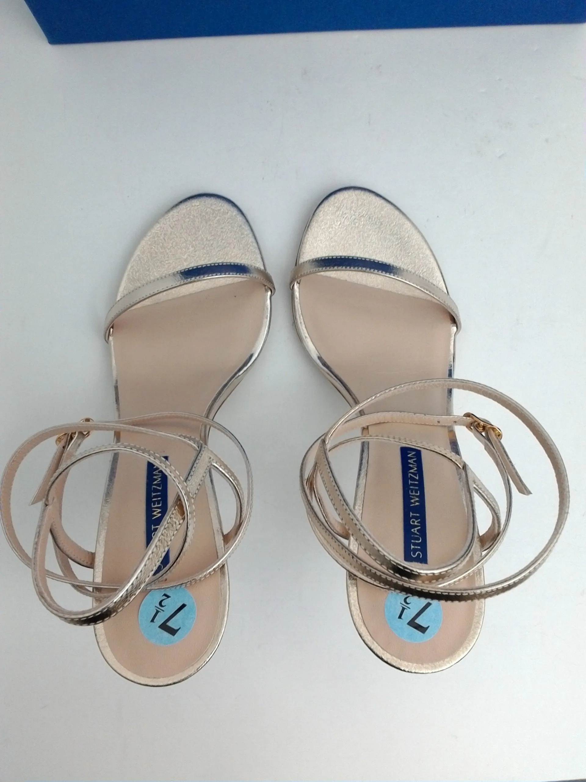 Stuart Weitzman Women's Merida Palaa Pale Gold Leather Heeled Sandal Size 7.5 M