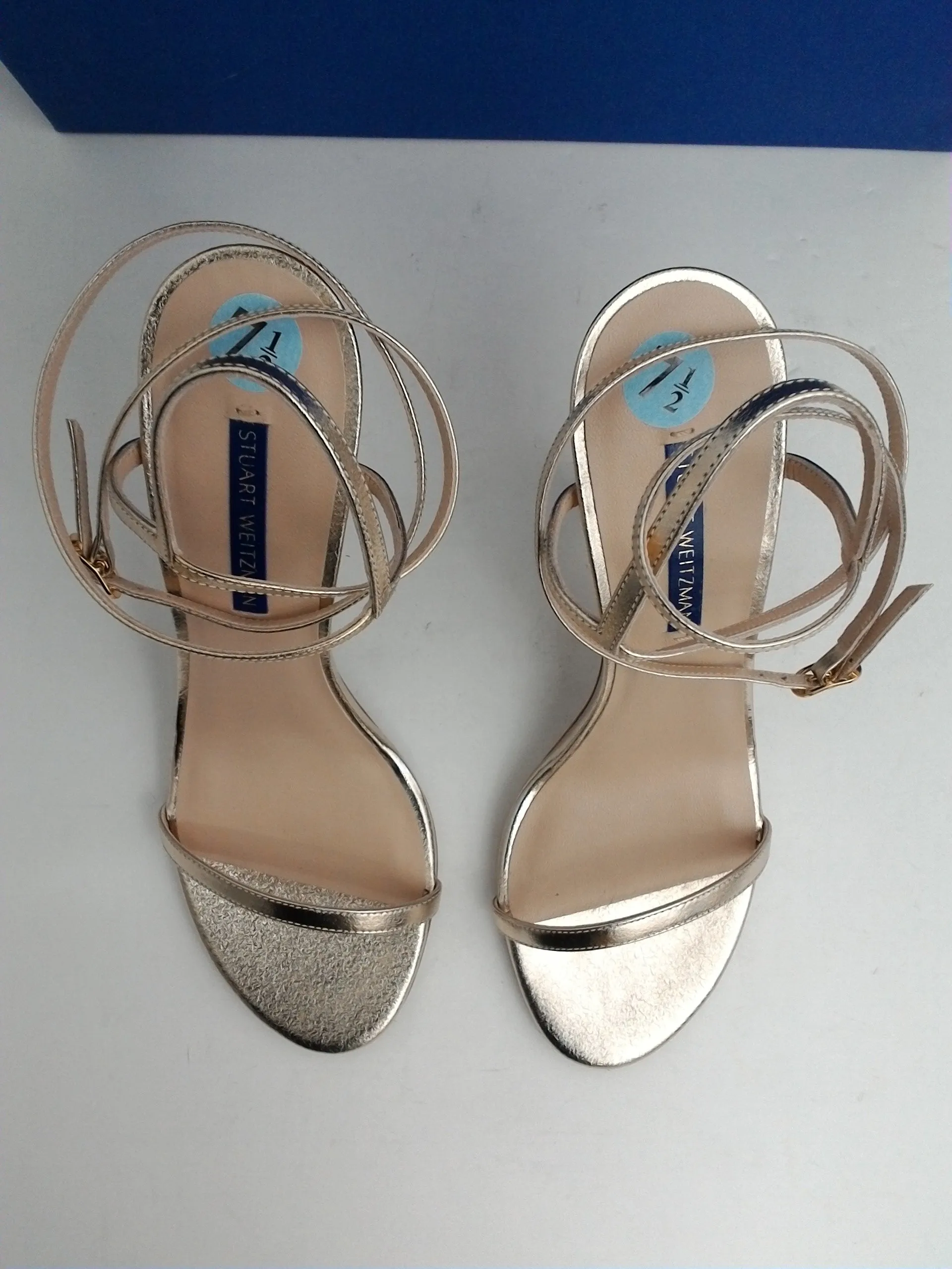 Stuart Weitzman Women's Merida Palaa Pale Gold Leather Heeled Sandal Size 7.5 M