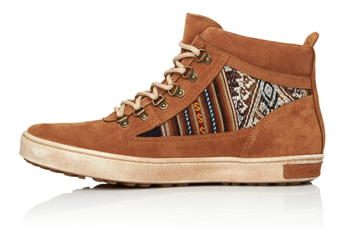 Tan Suede Peruvian Fabric Camping Boot with laces