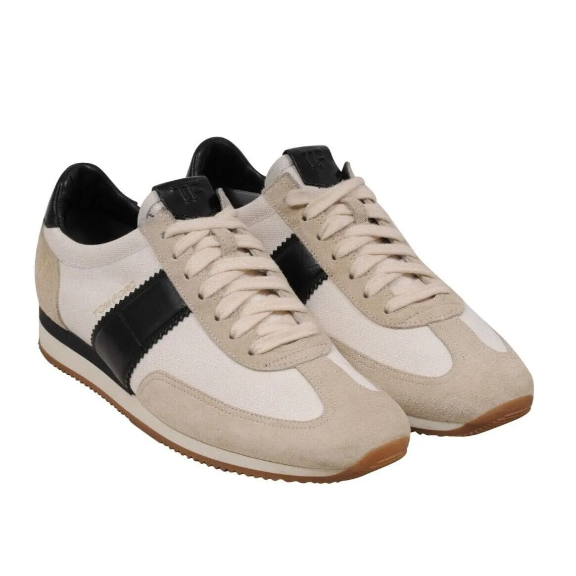 White Black Tan Canvas Leather Trainers Low Top Sneakers
