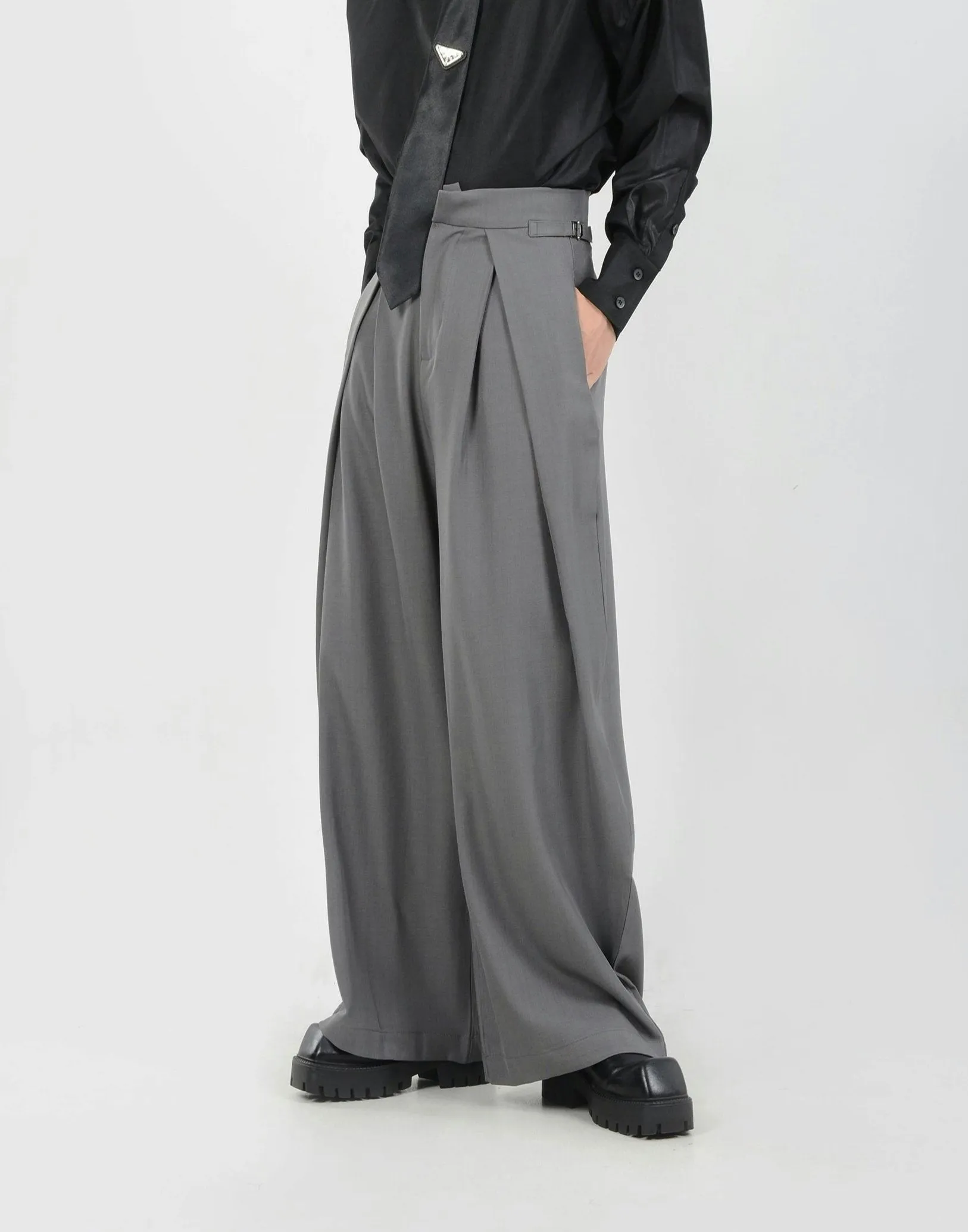 Wide Leg Pleated Palazzo Trousers with Belt Detail