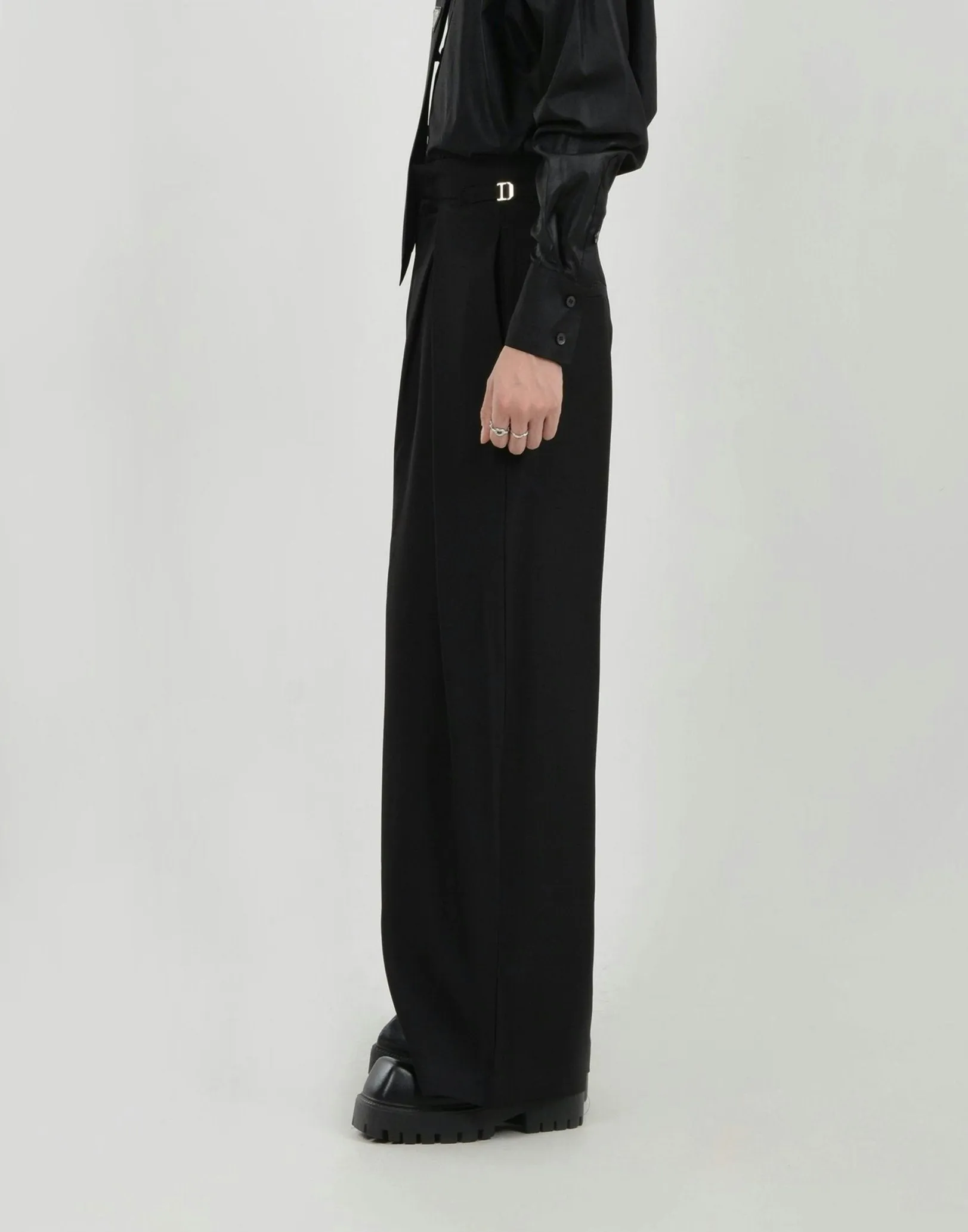 Wide Leg Pleated Palazzo Trousers with Belt Detail