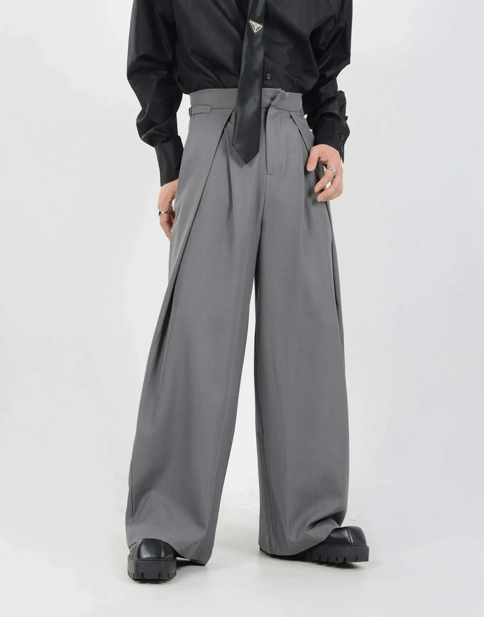 Wide Leg Pleated Palazzo Trousers with Belt Detail
