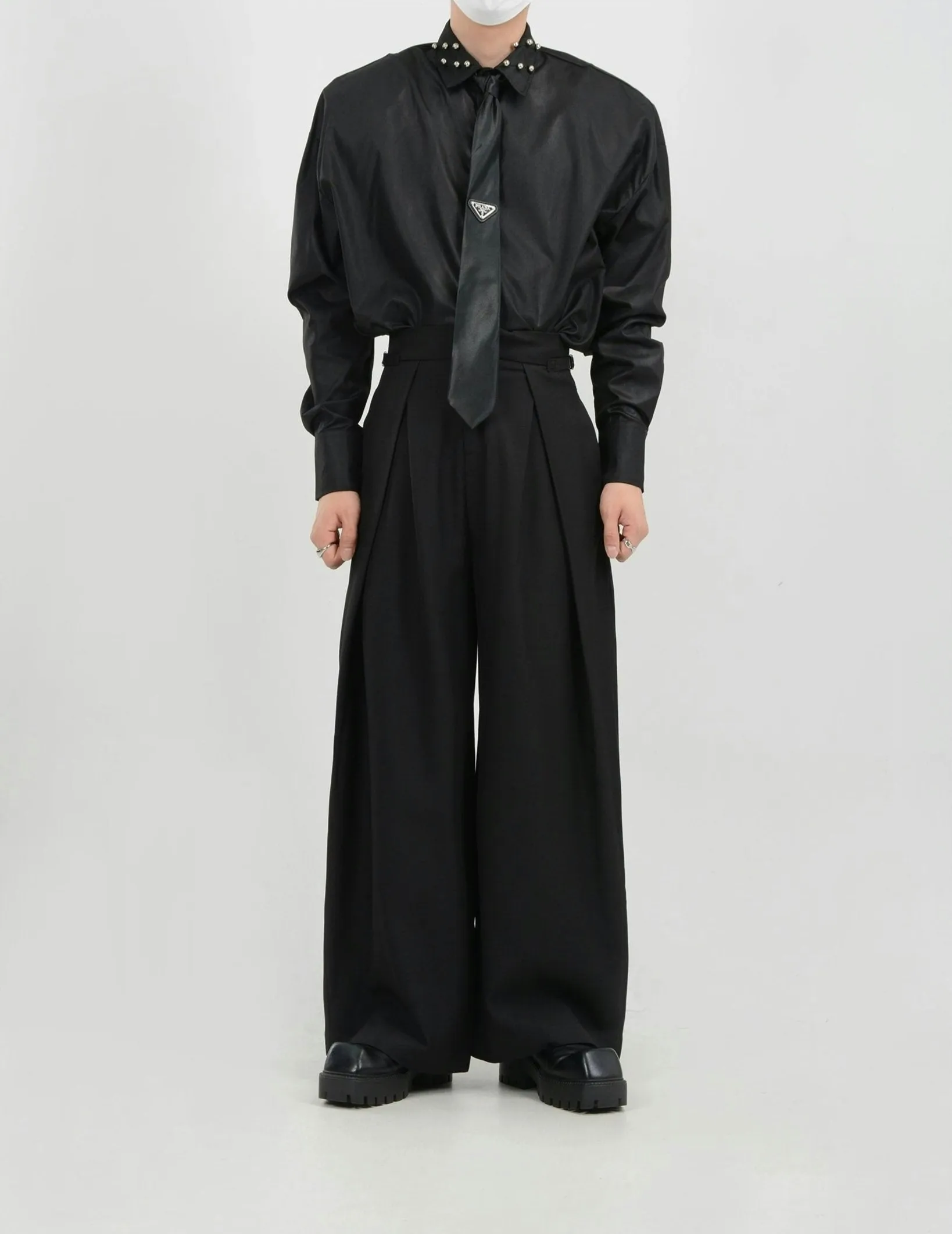 Wide Leg Pleated Palazzo Trousers with Belt Detail