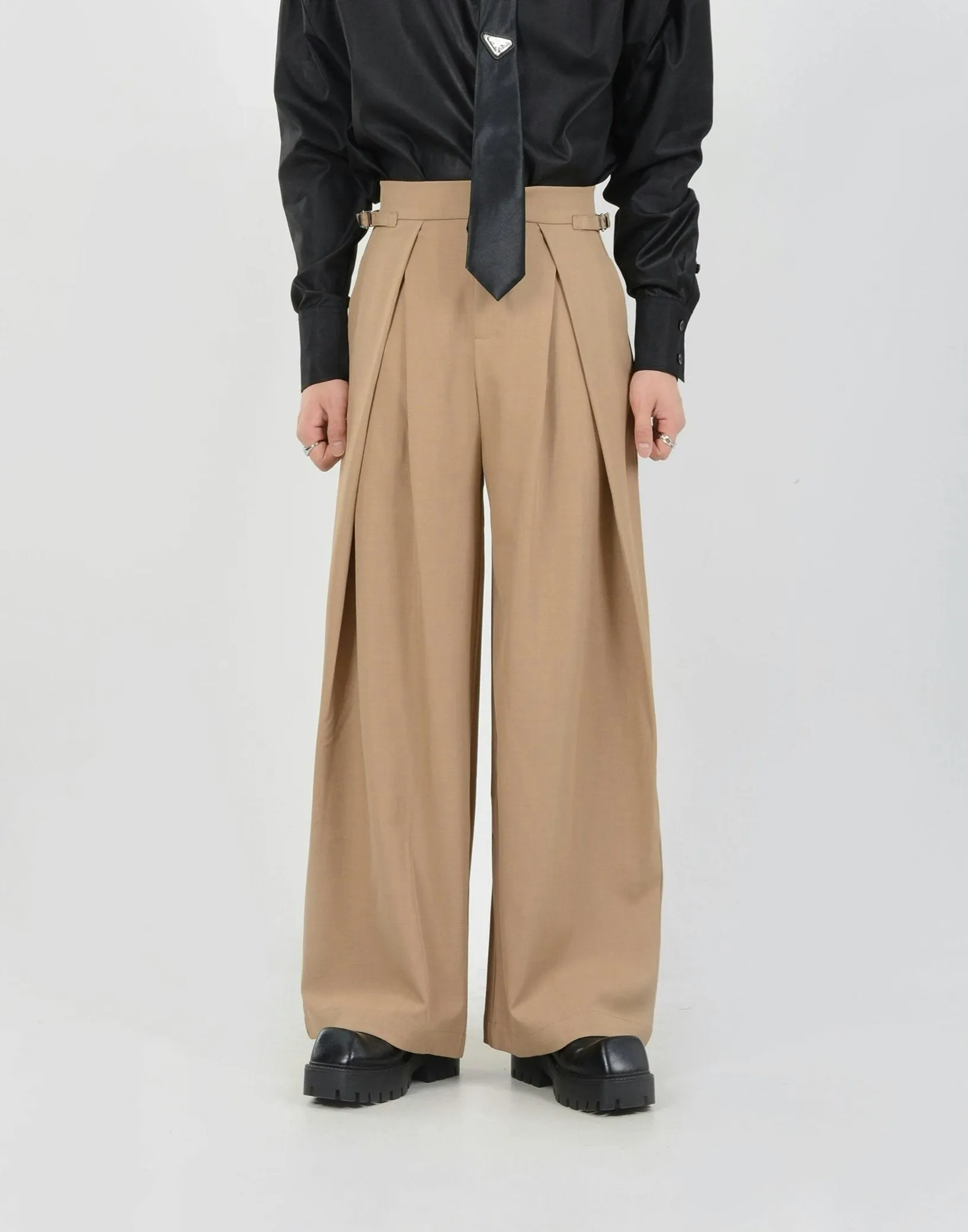 Wide Leg Pleated Palazzo Trousers with Belt Detail