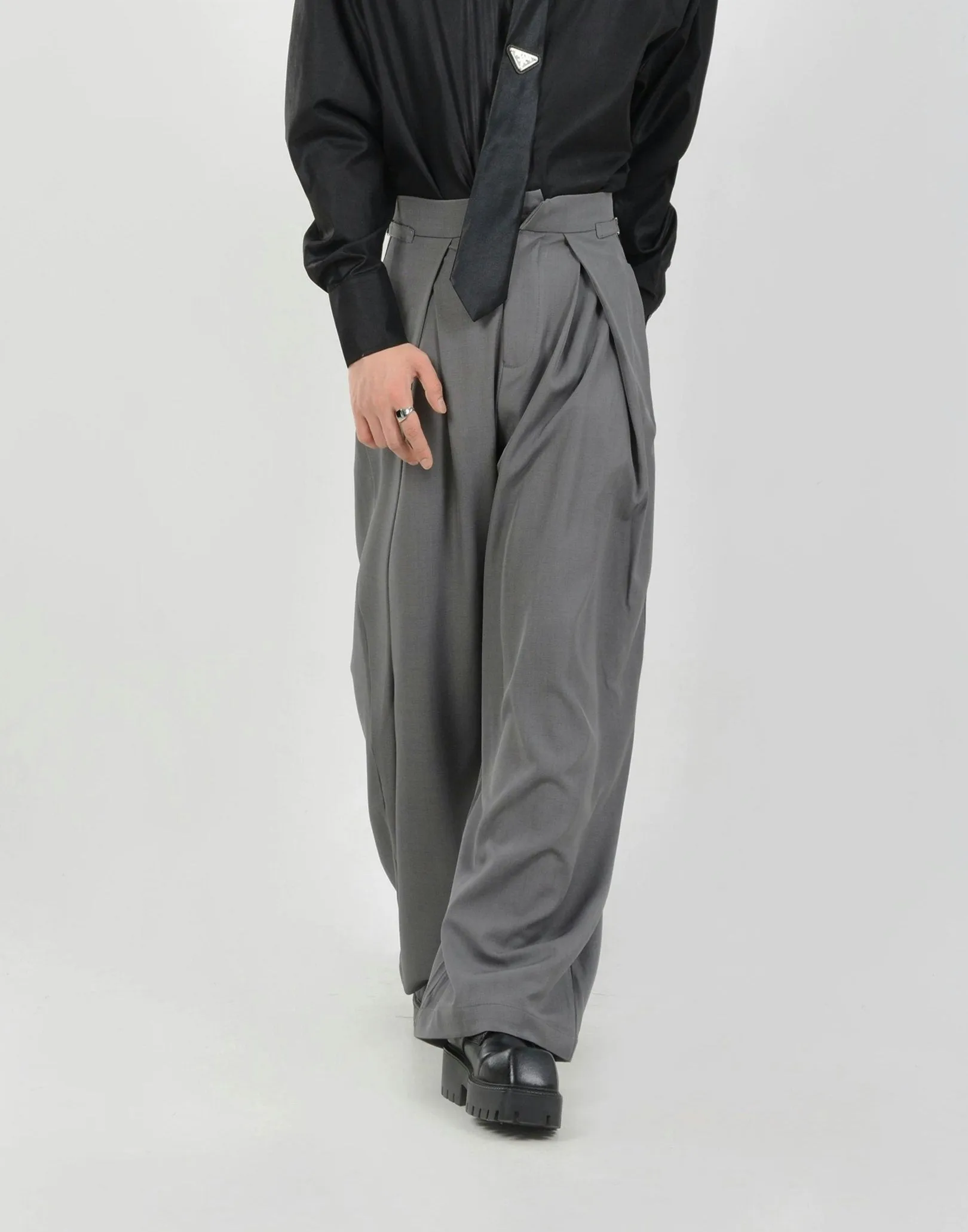 Wide Leg Pleated Palazzo Trousers with Belt Detail