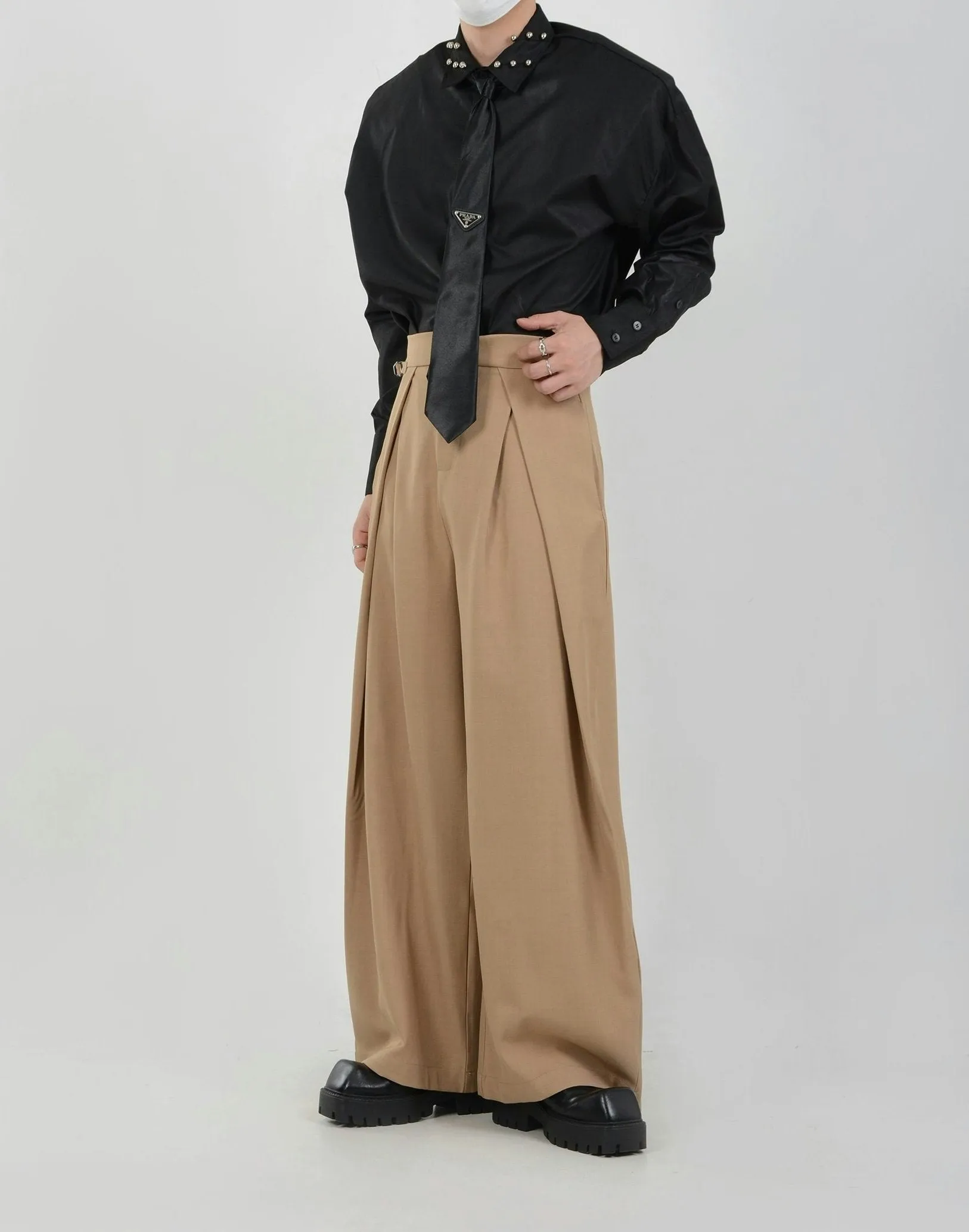 Wide Leg Pleated Palazzo Trousers with Belt Detail