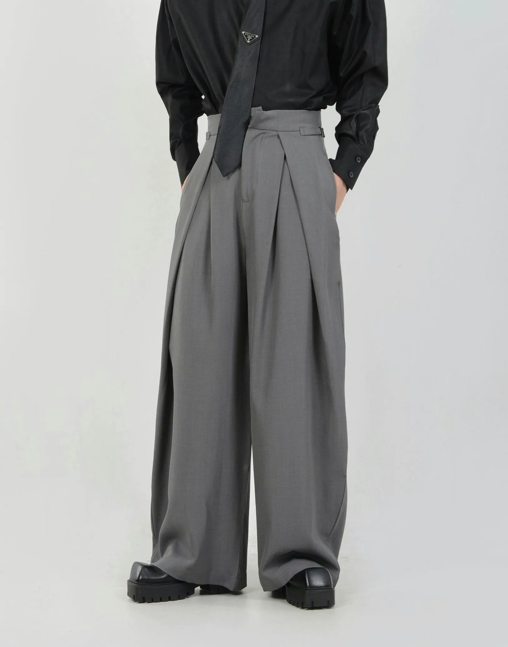Wide Leg Pleated Palazzo Trousers with Belt Detail