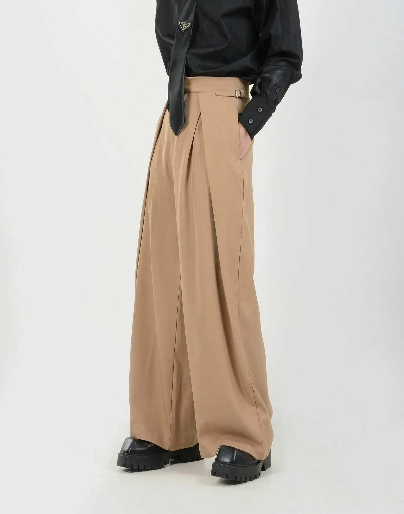 Wide Leg Pleated Palazzo Trousers with Belt Detail