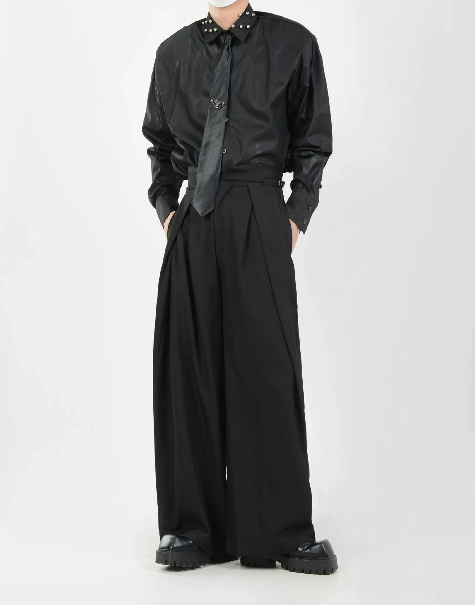 Wide Leg Pleated Palazzo Trousers with Belt Detail