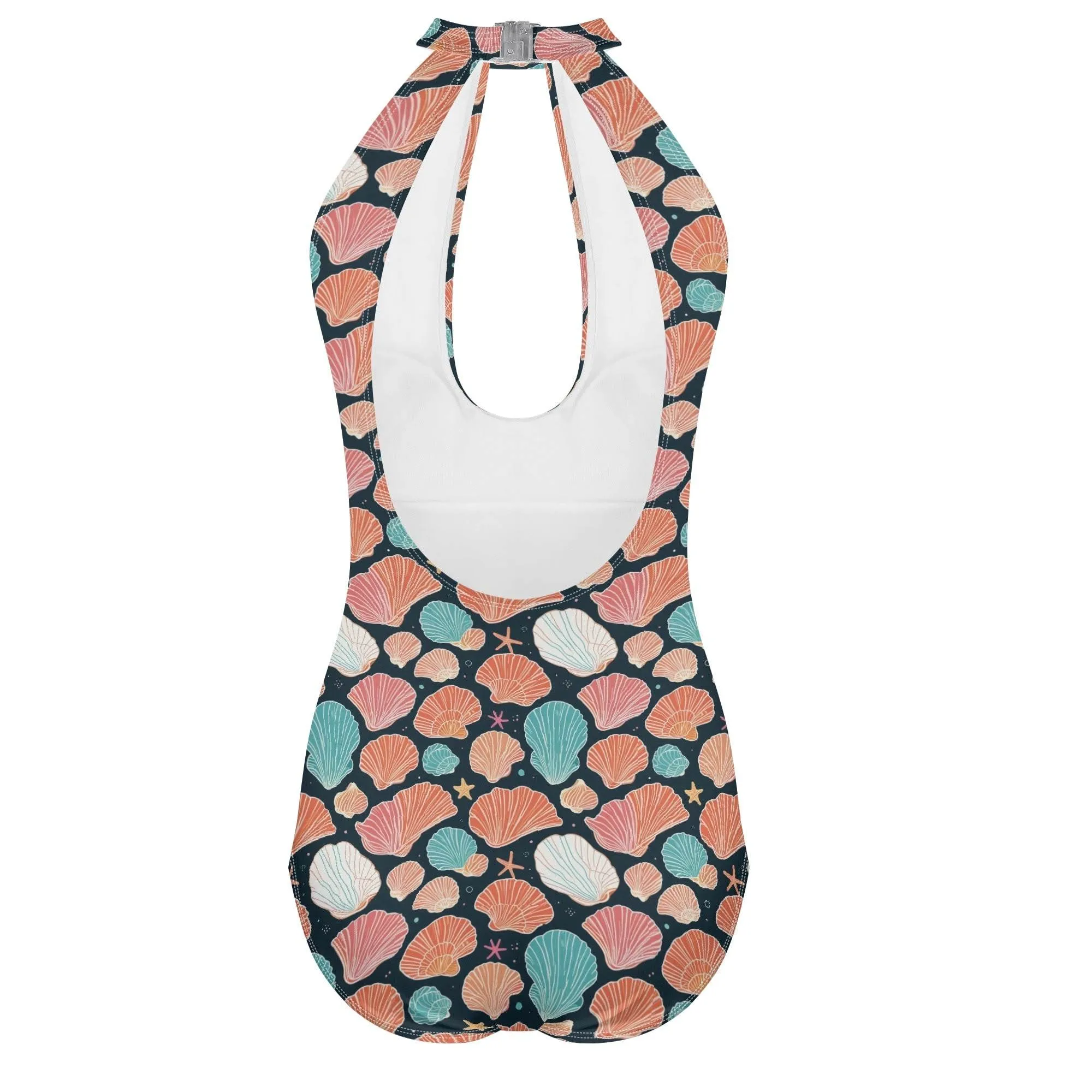 Womens Big Shells and Stars One Piece Swimsuit Sexy Halter Cut Out Tie Backless Swimwear
